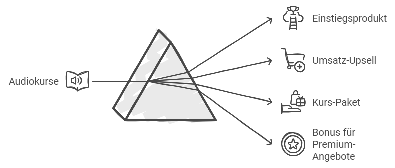 Diagramm eines Verkaufsfunnels für Audiokurse, passend für ein Coaching-Business. Beginnend mit einem Einstiegsprodukt, verzweigt er in Upsells, ein Kurspaket und Premiumangebote. Als Pyramide dargestellt, zeigen Pfeile vom Sockel zu den Abschnitten. Text auf Deutsch.