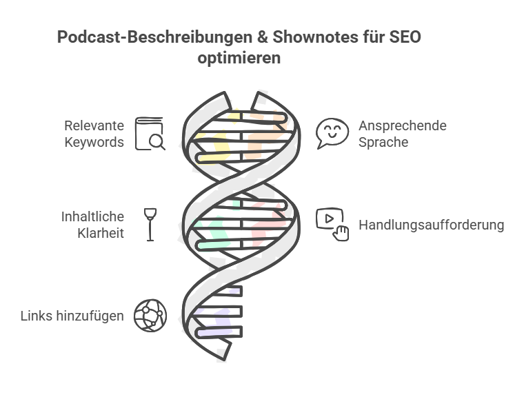 Eine DNA-Helix-Grafik illustriert Podcast-SEO-Tipps auf Deutsch und hebt relevante Schlüsselwörter, klare Inhalte, Links, ansprechende Sprache und Handlungsaufforderungen hervor. Symbole wie eine Lupe und eine Sprechblase begleiten den Text zum besseren Verständnis.