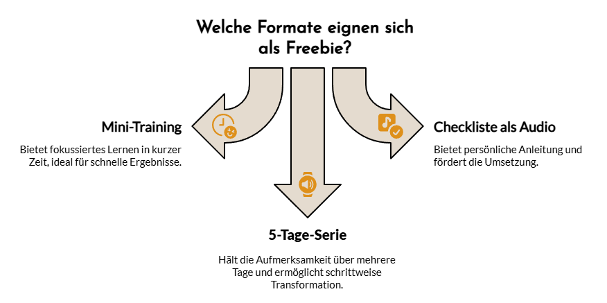 Drei Pfeile zeigen nach unten auf drei Freebie-Formate - Mini-Training, 5-Tage-Serie und einen Audio-Lead-Magneten als Checkliste. Jedes Format wird kurz mit Icons beschrieben, während der zentrale Text die Frage nach geeigneten Freebie-Formaten stellt.
