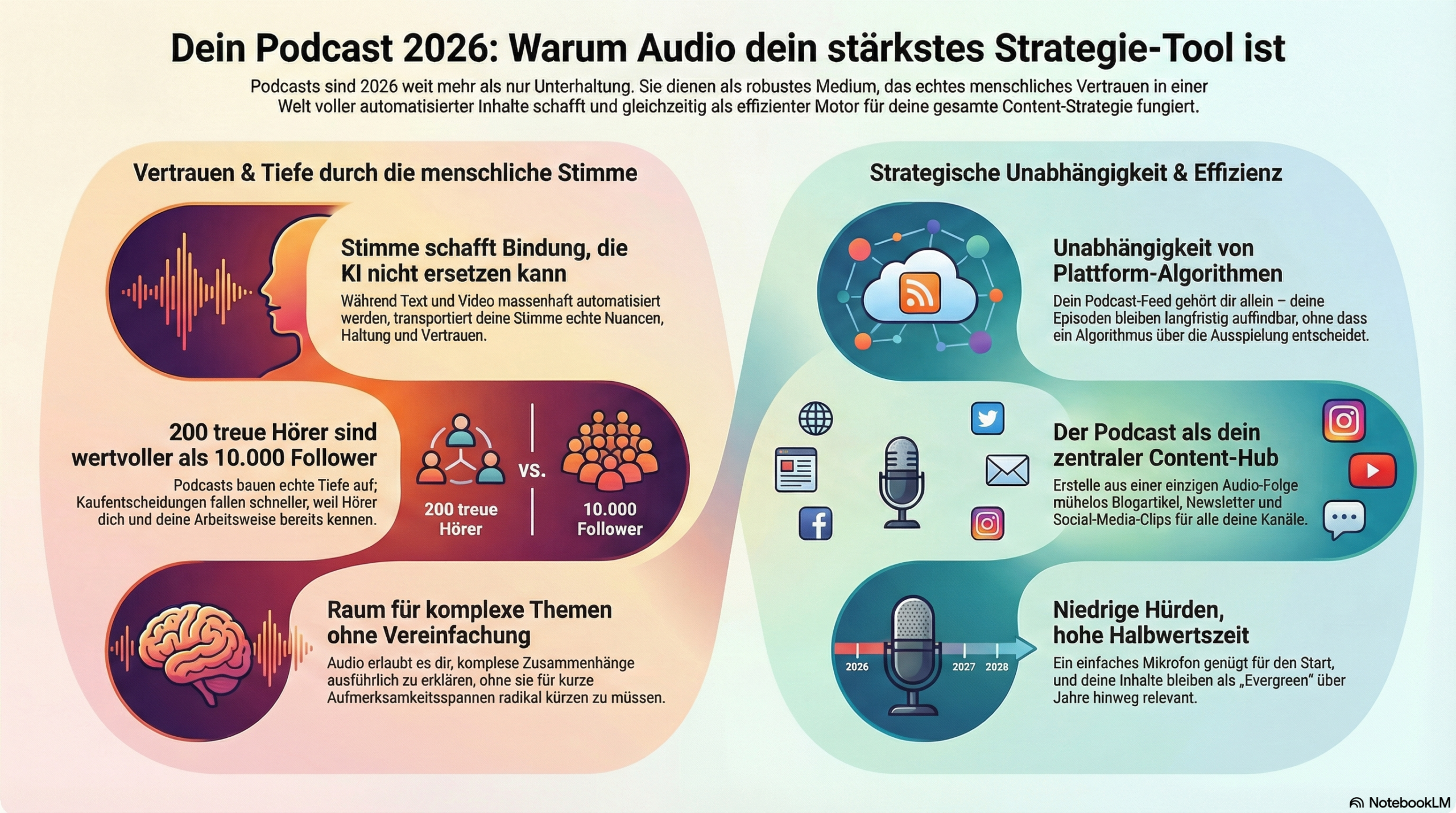 Infografik über die Vorteile von Podcasts im Jahr 2026: Links Bedeutung der Stimme und Community, rechts strategische Vorteile wie Unabhängigkeit von Algorithmen - auch im Kontext Podcasting 2025 - sowie zentrale Content-Rolle und nachhaltige Nutzerbindung.