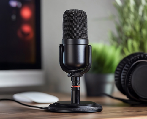 Ein schwarzes Mikrofon auf einem Schreibtisch, daneben große Kopfhörer, eine Computermaus und ein unscharfer Monitor, auf dem Kennzahlen zu sehen sind; im Hintergrund steht eine Grünpflanze. In der unteren rechten Ecke steht der Schriftzug "Micro Audio Symposium".