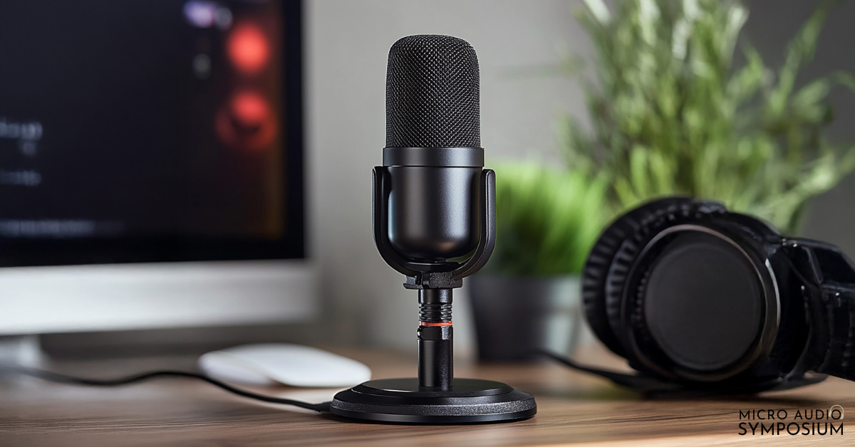 Ein schwarzes Mikrofon auf einem Schreibtisch, daneben große Kopfhörer, eine Computermaus und ein unscharfer Monitor, auf dem Kennzahlen zu sehen sind; im Hintergrund steht eine Grünpflanze. In der unteren rechten Ecke steht der Schriftzug "Micro Audio Symposium".
