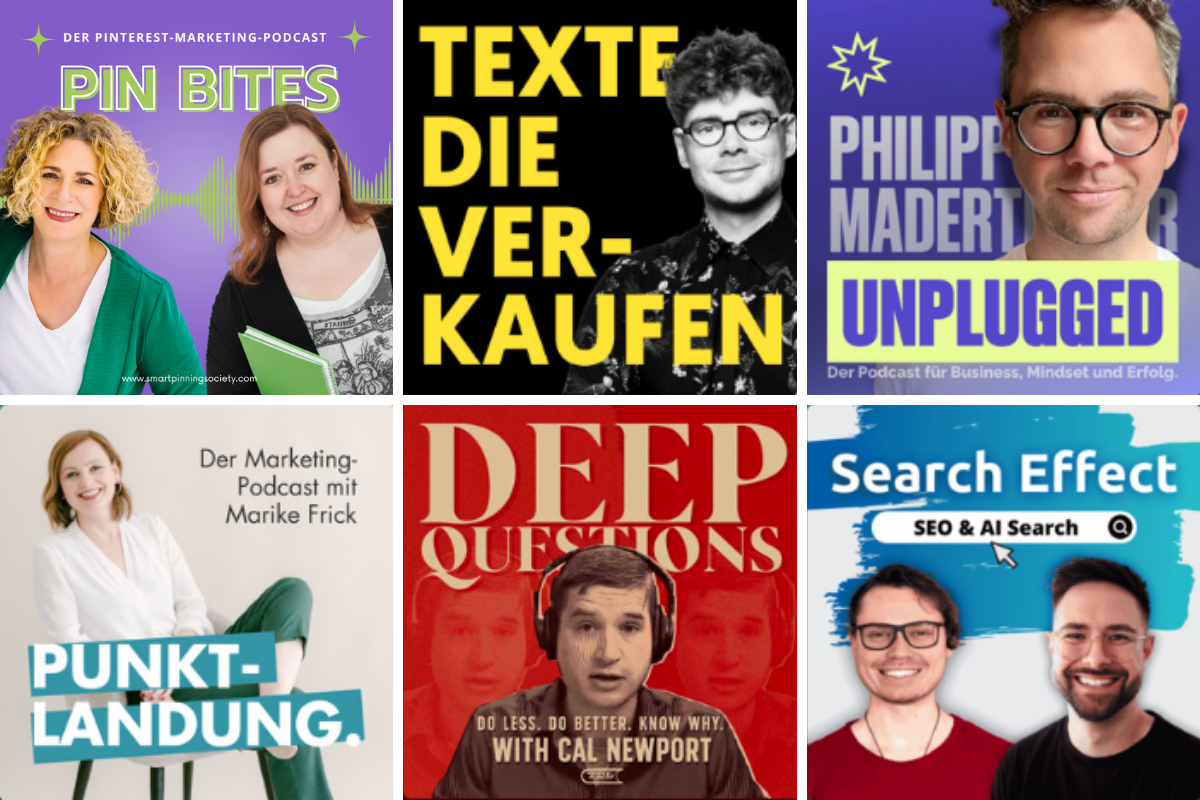 Eine Podcast-Cover-Collage mit sechs Podcast-Covern, jeweils mit unterschiedlichen Gastgebern und Titeln zu den Themen Marketing, Wirtschaft und SEO, alle vor bunten Hintergründen mit fettgedrucktem Text.