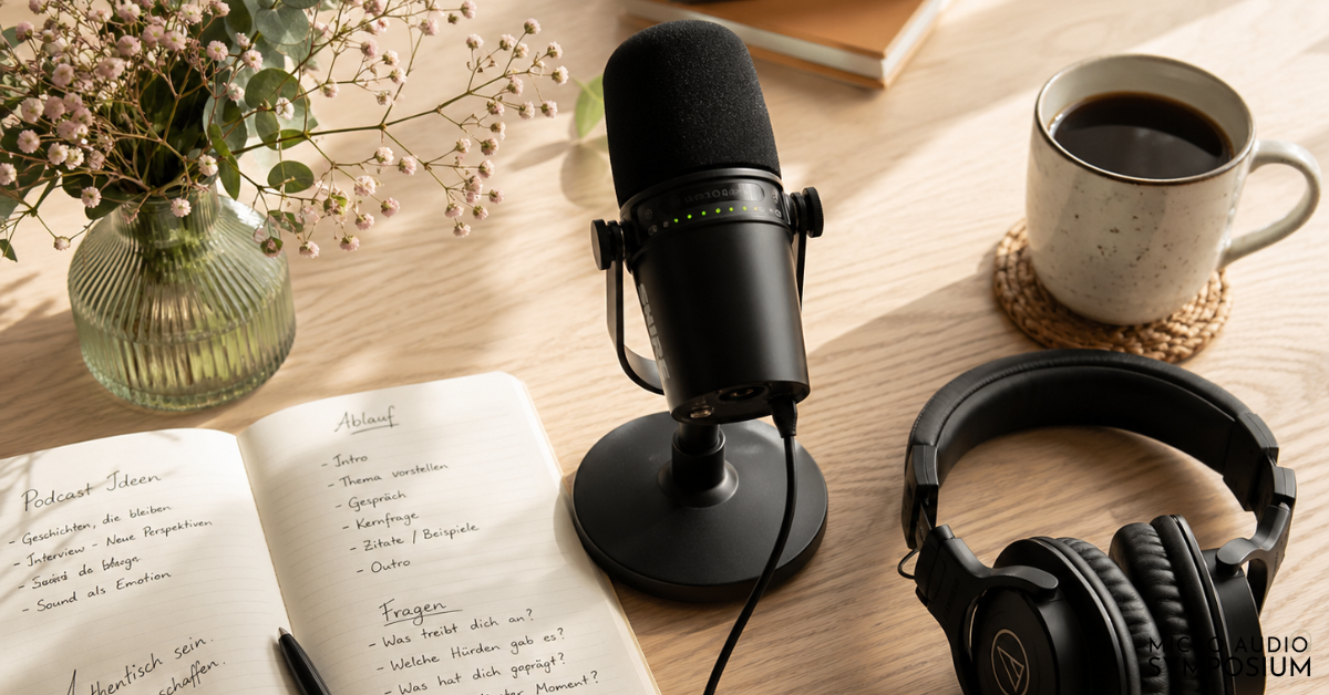 Ein privates Podcast-Setup auf einem Holztisch mit Mikrofon, Kopfhörern, einem Notizbuch mit handschriftlichen Notizen, einer Tasse Kaffee auf einem Untersetzer und einer Vase mit kleinen Blumen. Sonnenlicht fällt auf den Arbeitsbereich.