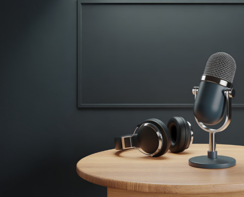 Ein Mikrofon im Vintage-Stil und ein Kopfhörer stehen auf einem hölzernen Podium vor einer leeren Tafel, was auf ein intimes privates Podcast-Setup hindeutet, mit der Aufschrift "MICRO AUDIO SYMPOSIUM" in der unteren rechten Ecke.