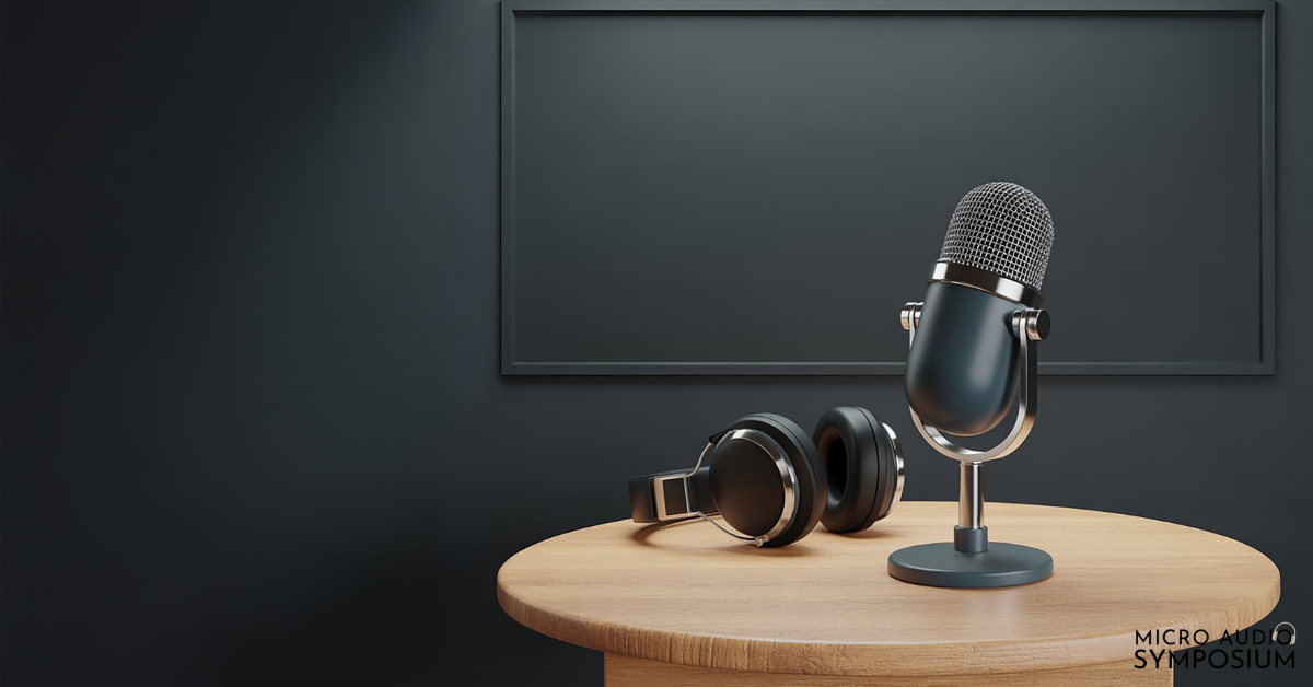 Ein Mikrofon im Vintage-Stil und ein Kopfhörer stehen auf einem hölzernen Podium vor einer leeren Tafel, was auf ein intimes privates Podcast-Setup hindeutet, mit der Aufschrift "MICRO AUDIO SYMPOSIUM" in der unteren rechten Ecke.
