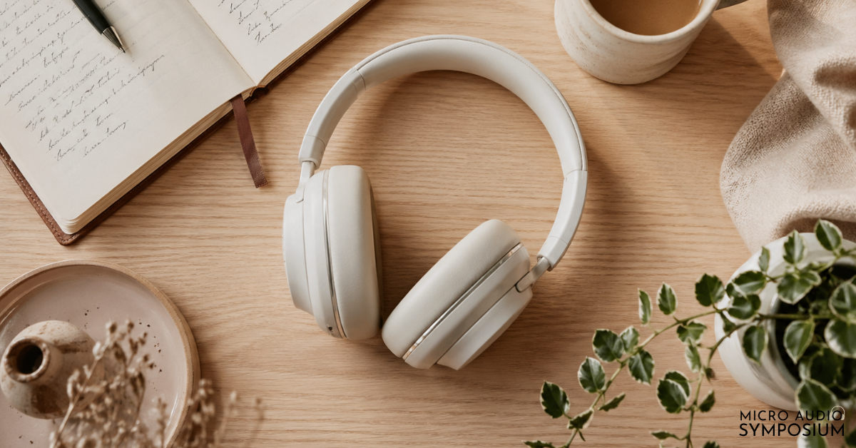 Weiße Over-Ear-Kopfhörer auf einem Holztisch, umgeben von einem aufgeschlagenen Notizbuch mit Stift, einer Tasse Kaffee, einem Keramikteller und einer grünen Topfpflanze - die perfekte Kulisse für Ihre nächste Blogparade. In der Ecke erscheint "MICRO AUDIO SYMPOSIUM".